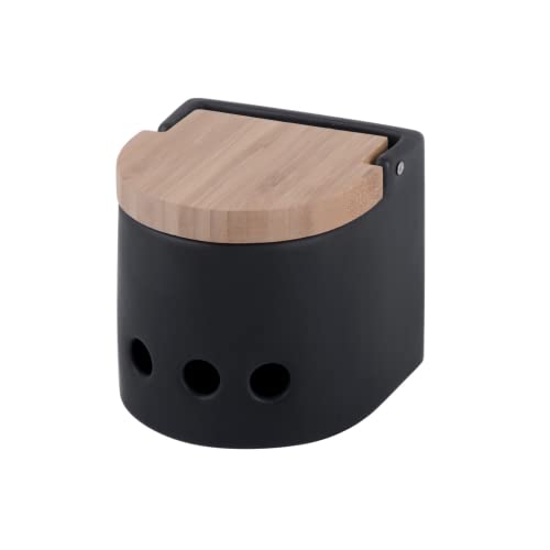 KOOK TIME Bote de ajos cocina con tapa de madera de bambú - Tarro de cocina para guardar ajos, de cerámica con agujeros de ventilación para su conservación óptima - Medidas: 11.7x11.5x11.3 cm
