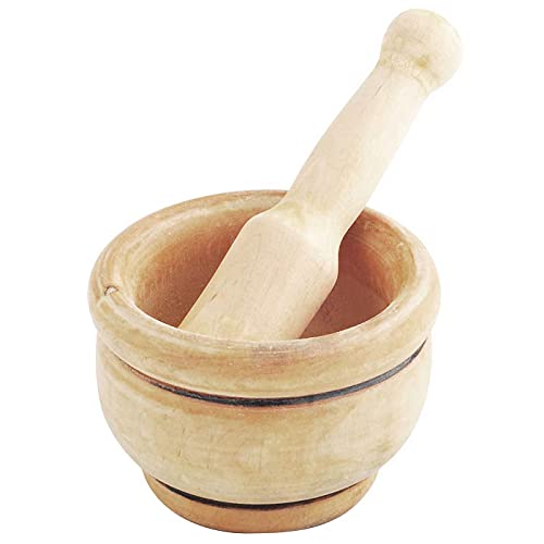 Tradineur - Mortero de madera natural, incluye mazo de 16 cm, machacador manual de cocina para moler ajo, especias y hierbas, 12 x 8 cm