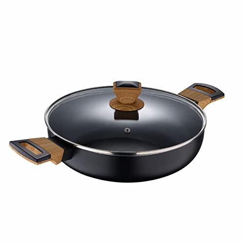 BERGNER Earth Black - Cacerola de Cocina Baja 28cm con Tapa - Fabricada en Aluminio Prensado con Asas Ergonómicas de Madera - Antiadherente - Para Inducción y todo tipo de Cocinas - Gris