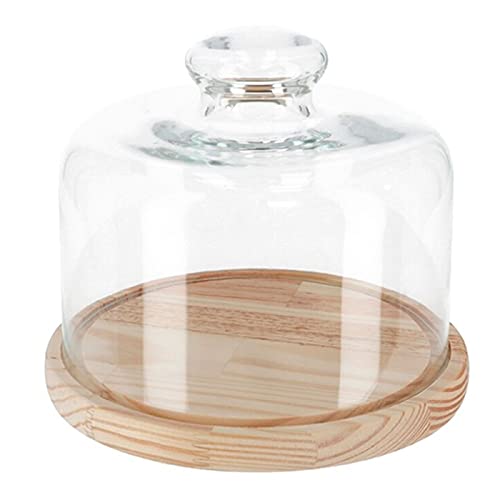 Quesera redonda con tapa de cristal y base de madera 20 x 10 cm. Recipiente para conservar frescos quesos o embutidos