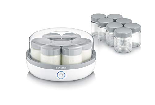 SEVERIN - Yogurtera con tapa pequeña, máquina para hacer yogurt en casa con temporizador y apagado automático, 14 tarros de cristal herméticos de 150 ml, libre de BPA, gris, JG 3520