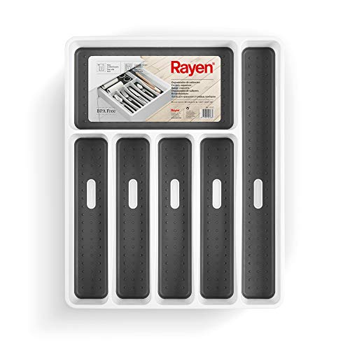 Rayen | Organizador de Cubiertos | 6 Compartimentos | Organizador Cajón Cocina | Patas Antideslizantes | Polipropileno | Blanco | Medida: 40x32,5x5 cm