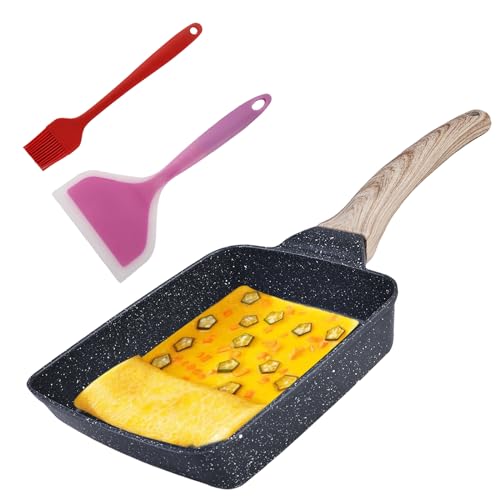 Sartén antiadherente Tamagoyaki: sartén omletten japonesa rectangular para crepé, sartén pequeña con espátula de silicona y asa, 18 x 15 cm, sartén de hierro fundido antiadherente para todo tipo de