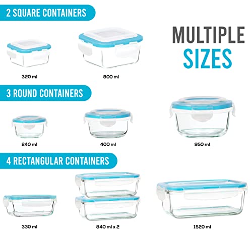 KICHLY - Recipientes de vidrio para almacenar alimentos - 9 recipientes con tapa transparente Tapers de vidrio herméticos - aptos para lavavajillas, microondas, sin BPA - aprobados por la FDA y FSC