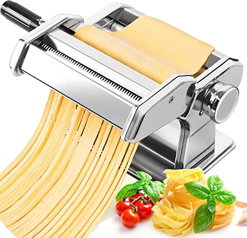 Máquina de pasta manual, 7 grosores ajustables, máquina de pasta de acero inoxidable con rodillo y cortador, máquina de pasta manivela a mano para espaguetis, fettuccini, lasaña, etc.