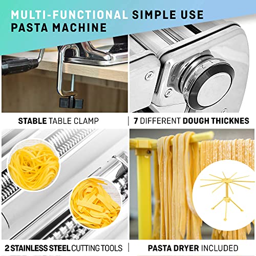 VeoHome Máquina manual de pasta con secador, acero inoxidable, herramienta versátil con grosor ajustable, laminador y manivela - fideos frescos caseros, espagueti, lasaña