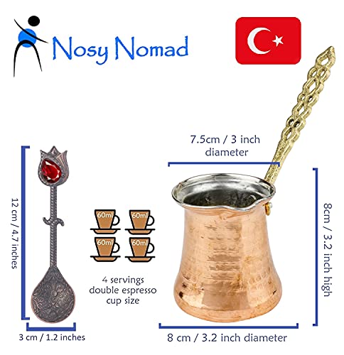 Nosy Nomad Cafetera turca: cafetera de Cobre Cezve para café Turco Cafetera árabe Ibrik con Placa | Olla de Cobre Martillado otomano Hecha a Mano & Cuchara Vintage | 4 porciones