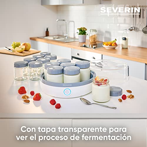 SEVERIN - Yogurtera con tapa pequeña, máquina para hacer yogurt en casa con temporizador y apagado automático, 14 tarros de cristal herméticos de 150 ml, libre de BPA, gris, JG 3520