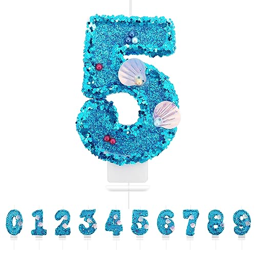 Velas Cumpleaños Números 5,3D Sirena Azul Vela,Vela de Número 5 de Pastel Decoración,Aniversarios,Baby Shower de Cumpleaños