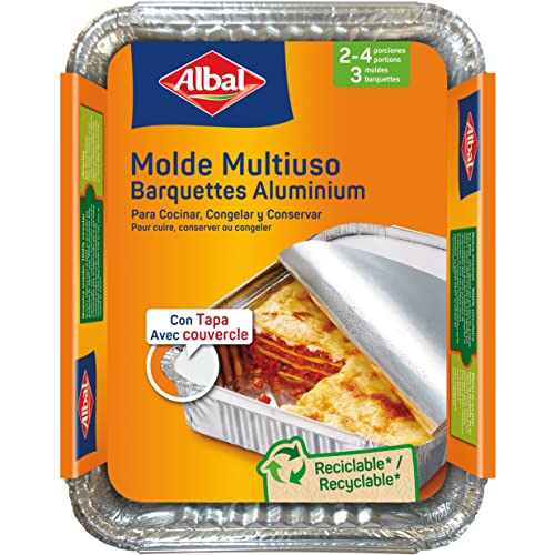 Albal Aluminio 22x17x3,5 Centímetros con Tapa | Desechables | Hornear, Congelar y Conservación de Alimentos | 2-4 Porciones | 3 Moldes, 3 unidad, 3