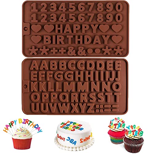 XIONGXIAOZHI Letras Chocolate Molde Moldes de Silicona Letras Moldes de Silicona con Letras y Números para Decoración de Chocolate y Pasteles, Números y Símbolos de Feliz Cumpleaños (2 Piezas)